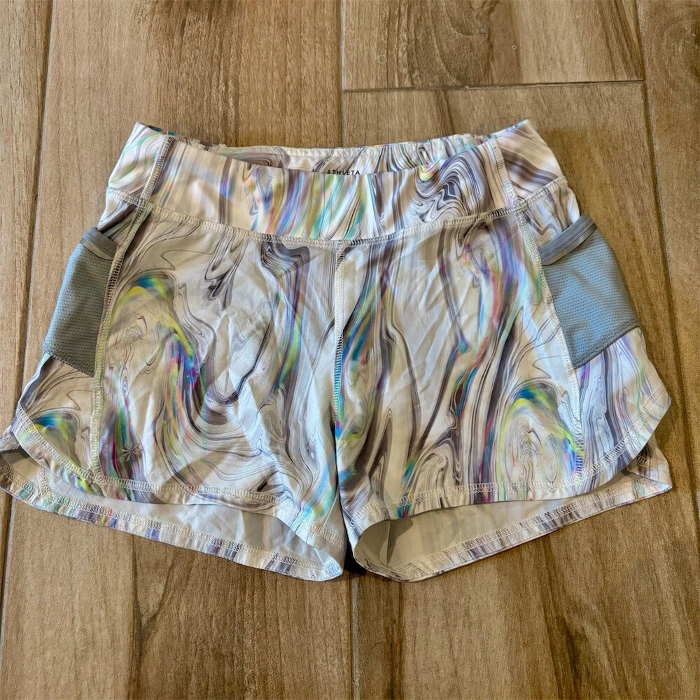 Athleta Girl Running Shorts Girls L/12 Multicolor Marble Print Mesh